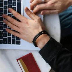 Fort Tempus Black Braided Leather Rope Double Bracelet -MEN'S BRACELETS Sales Store 04 15200 bracelet