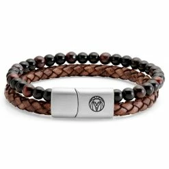 Lucleon Icon | Red Tiger's Eye, Onyx & Brown Leather Cord Bracelet