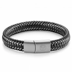Lucleon Black Leather & Stainless Steel Braided Bracelet