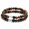 Lucleon Black & Brown Wood Bead & 925 Sterling Silver Bracelet Set