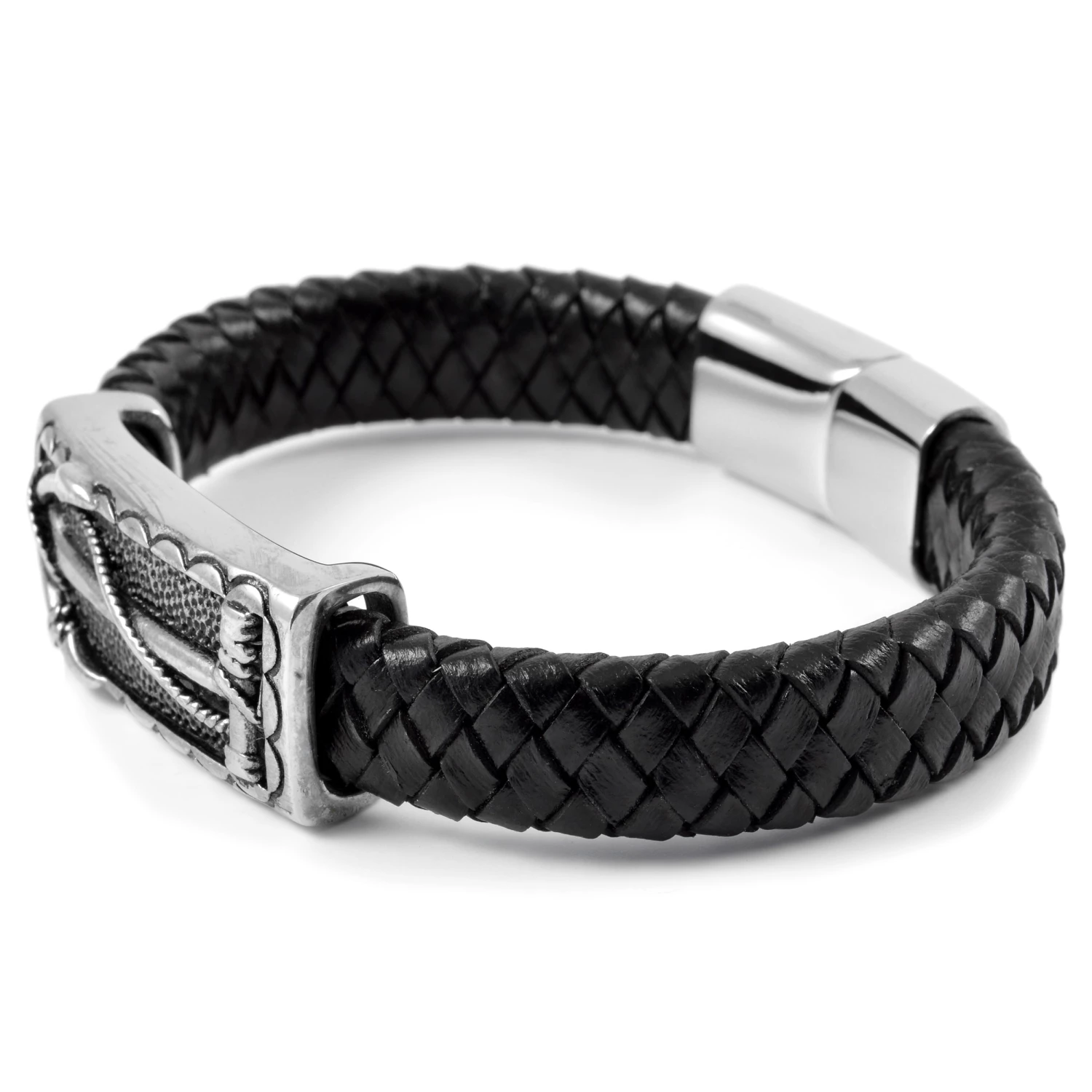 Fort Tempus Black Braided Leather & Stainless Steel Anchor Bracelet 3 Fort Tempus Black Braided Leather & Stainless Steel Anchor Bracelet - Image 3