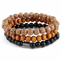 Lucleon Black, Orange & Tan Wood Bead Bracelet
