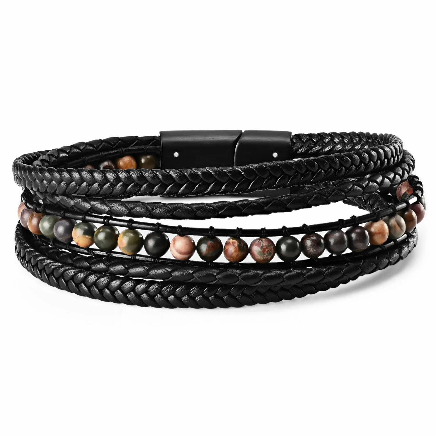 Lucleon Naxos | Black Braided Leather & Picasso Stone Bracelet 2 Lucleon Naxos | Black Braided Leather & Picasso Stone Bracelet - Image 2