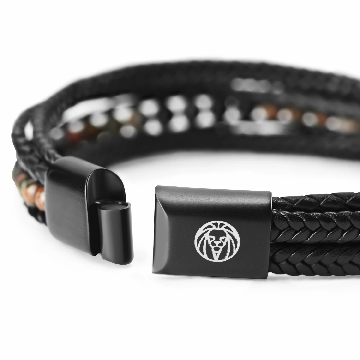 Lucleon Naxos | Black Braided Leather & Picasso Stone Bracelet 3 Lucleon Naxos | Black Braided Leather & Picasso Stone Bracelet - Image 3