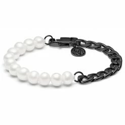 Lucleon Amager | Gunmetal Stainless Steel Curb Chain & Pearl Bracelet