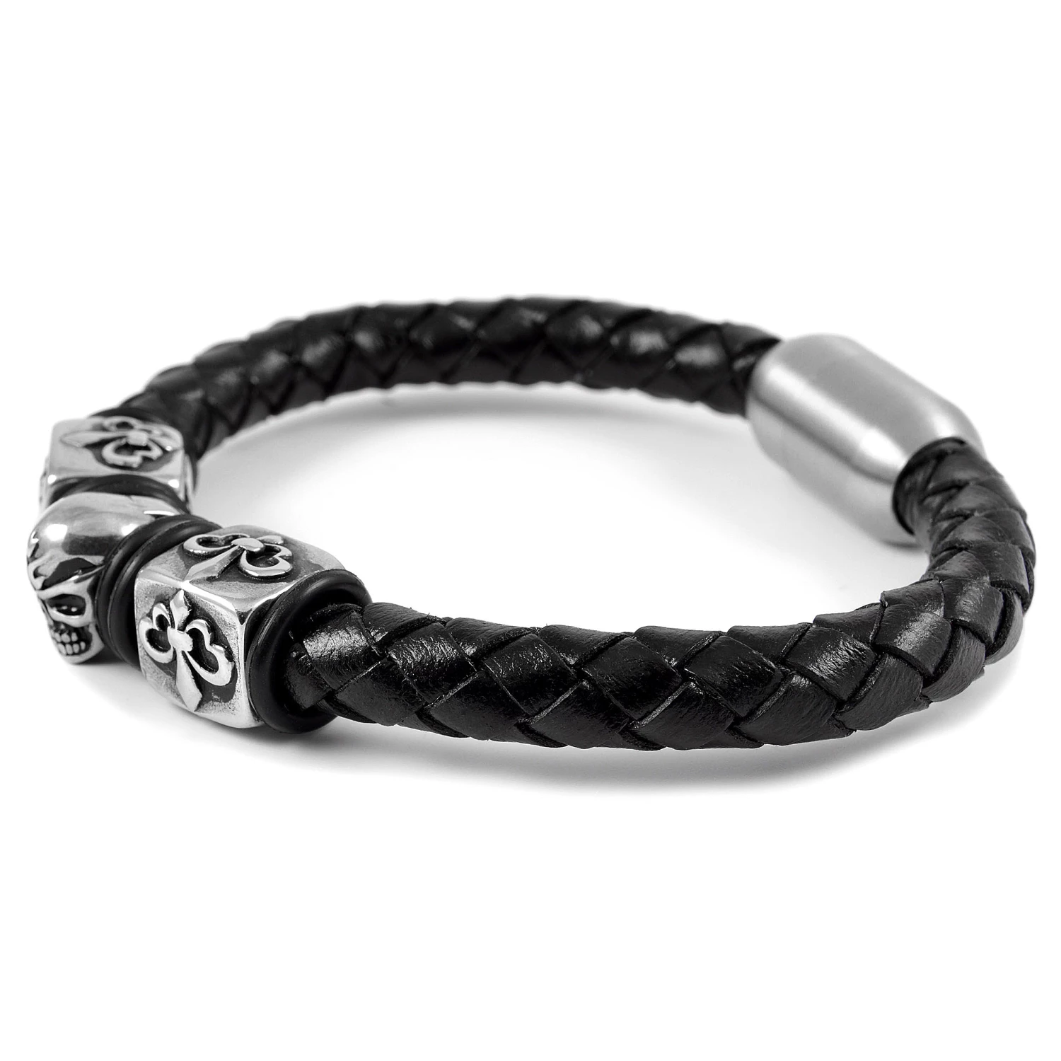 Fort Tempus Black Braided Leather Rope & Stainless Steel Skull Bracelet 3 Fort Tempus Black Braided Leather Rope & Stainless Steel Skull Bracelet - Image 3