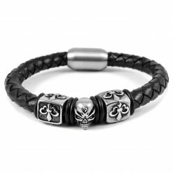 Fort Tempus Black Braided Leather Rope & Stainless Steel Skull Bracelet