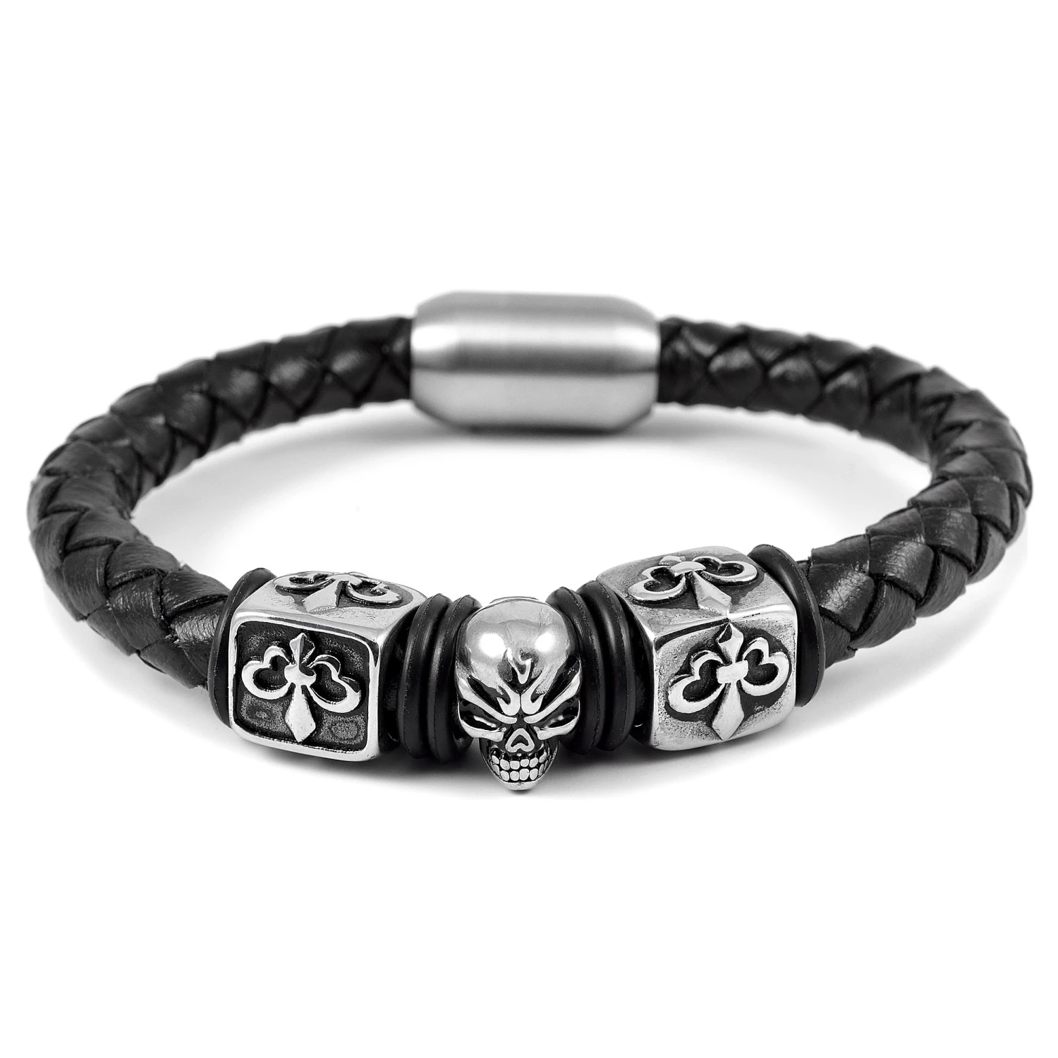 Fort Tempus Black Braided Leather Rope & Stainless Steel Skull Bracelet 1 Fort Tempus Black Braided Leather Rope & Stainless Steel Skull Bracelet