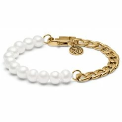 Lucleon Amager | Gold-Tone Stainless Steel Curb Chain & Pearl Bracelet
