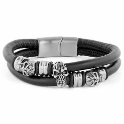 Fort Tempus Black Leather Cord & Stainless Steel Skull Bracelet