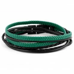 Lucleon Roy | Black & Green Leather & Stainless Steel Wrap Bracelet
