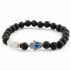 Neshraw Black Lava Rock & White Turquoise Hamsa Bracelet