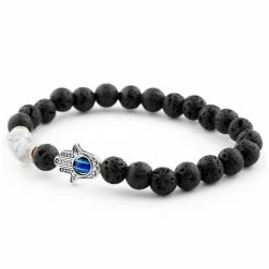 Neshraw Black Lava Rock & White Turquoise Hamsa Bracelet -MEN'S BRACELETS Sales Store 11080 03
