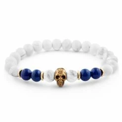 Neshraw White Turquoise & Blue Lapis Lazuli Gold-Tone Skull Bracelet