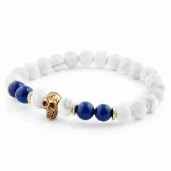 Neshraw White Turquoise & Blue Lapis Lazuli Gold-Tone Skull Bracelet -MEN'S BRACELETS Sales Store 11104 03