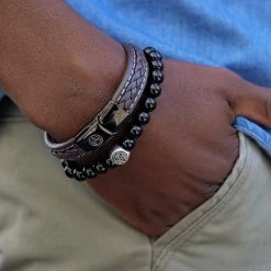 Lucleon Brown Braided Leather & Stainless Steel Bracelet -MEN'S BRACELETS Sales Store 11609 bracelet