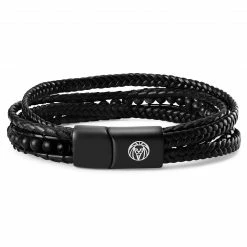 Lucleon Naxos | Black Braided Leather & Frosted Black Agate Bracelet