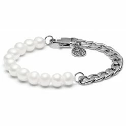 Lucleon Amager | Silver-Tone Stainless Steel Curb Chain & Pearl Bracelet