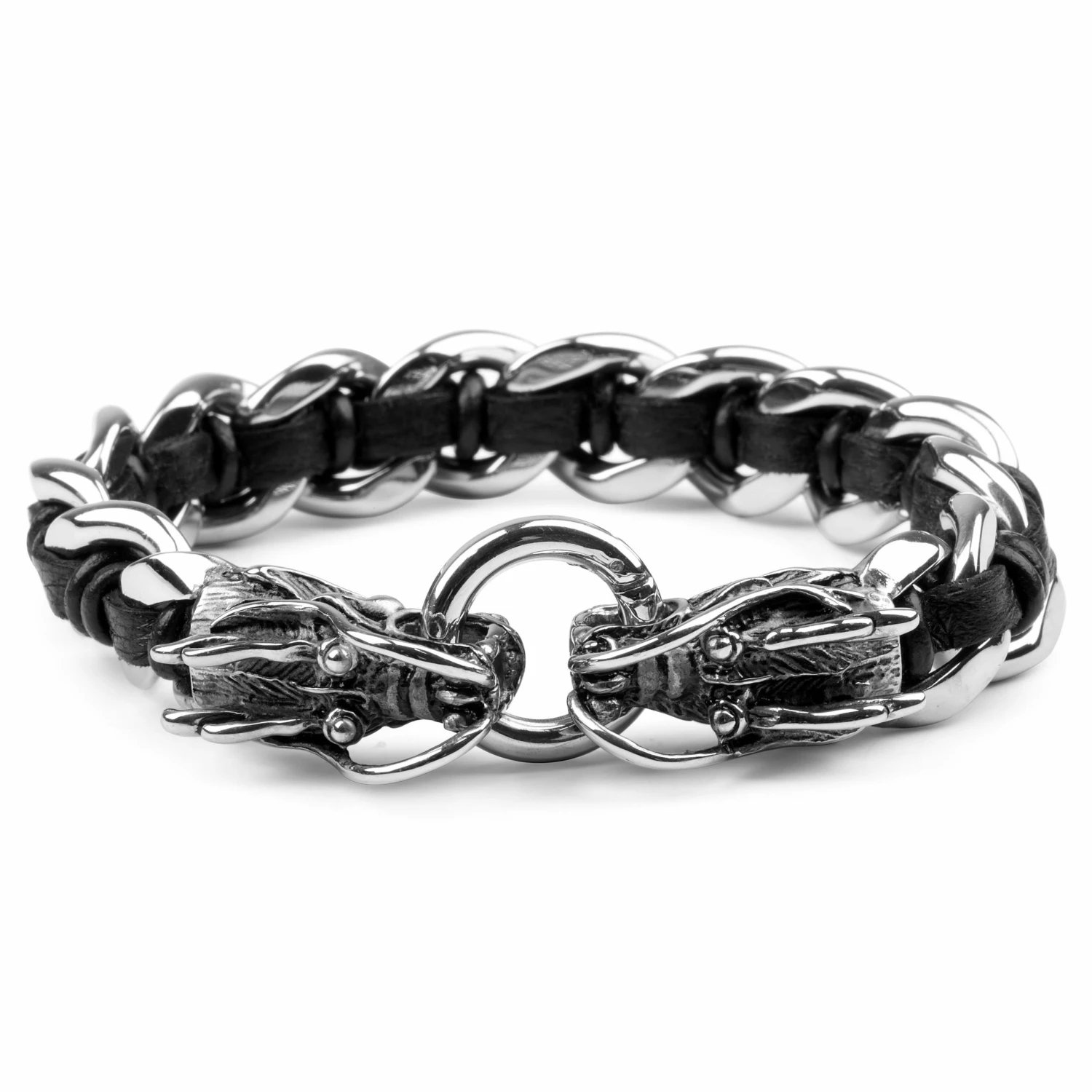 Fort Tempus Black Leather & Stainless Steel Curb Chain Dragon Bracelet 1 Fort Tempus Black Leather & Stainless Steel Curb Chain Dragon Bracelet