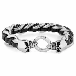 Fort Tempus Black Leather & Stainless Steel Skull Bracelet