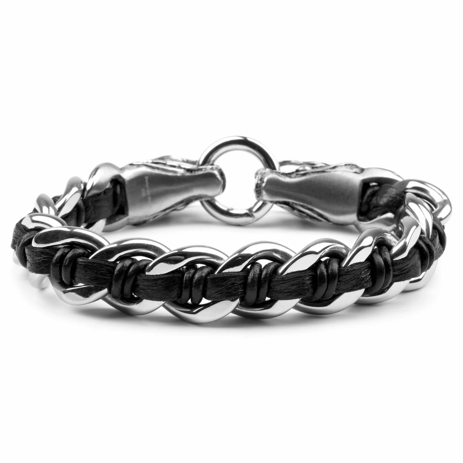 Fort Tempus Black Leather & Stainless Steel Curb Chain Dragon Bracelet 2 Fort Tempus Black Leather & Stainless Steel Curb Chain Dragon Bracelet - Image 2