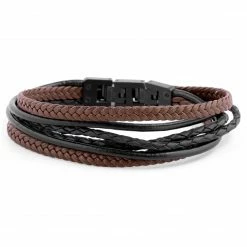 Lucleon Roy | Black & Brown Leather & Stainless Steel Wrap Bracelet