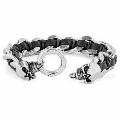 Fort Tempus Black Leather & Stainless Steel Skull Bracelet -MEN'S BRACELETS Sales Store 12 3 147