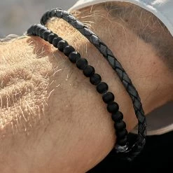 Lucleon Grey Leather & Matte Black Stone Bracelet Set 10 Lucleon Grey Leather & Matte Black Stone Bracelet Set -MEN'S BRACELETS Sales Store 12305bm