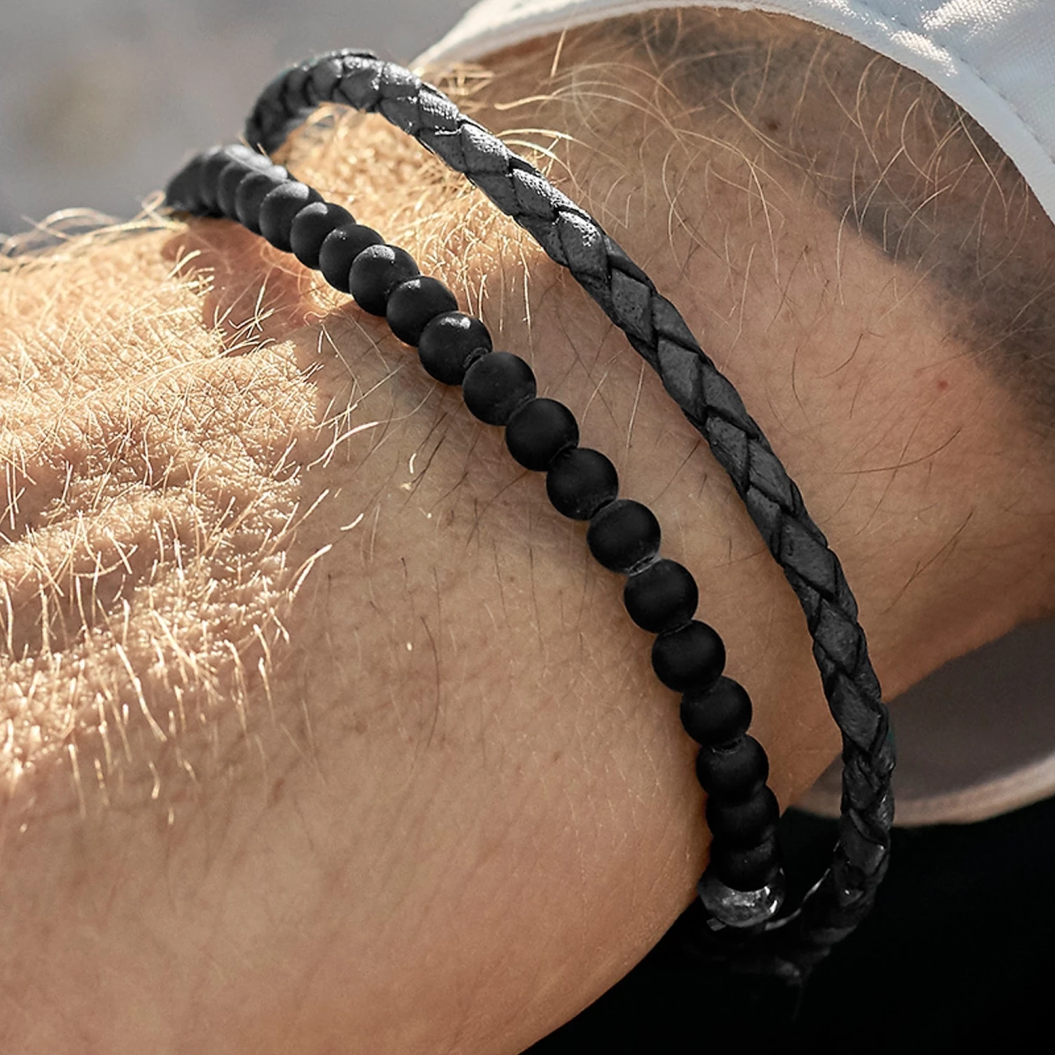 Lucleon Grey Leather & Matte Black Stone Bracelet Set 5 Lucleon Grey Leather & Matte Black Stone Bracelet Set - Image 5