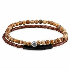 Lucleon Rusty Brown Leather & Beige-Tone Stone Bracelet Set