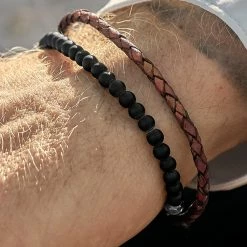 Lucleon Rusty Brown Leather & Matte Black Stone Bracelet Set -MEN'S BRACELETS Sales Store 12369bm