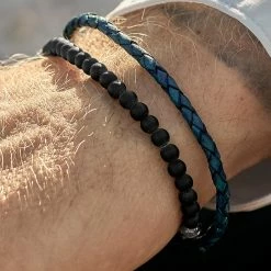 Lucleon Navy Blue Leather & Black Stone Bracelet Set -MEN'S BRACELETS Sales Store 12371bm