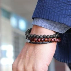 Lucleon Red Tiger's Eye & Black Lava Rock & Leather Cord Bracelet Set 8 Lucleon Red Tiger's Eye & Black Lava Rock & Leather Cord Bracelet Set -MEN'S BRACELETS Sales Store 123 2