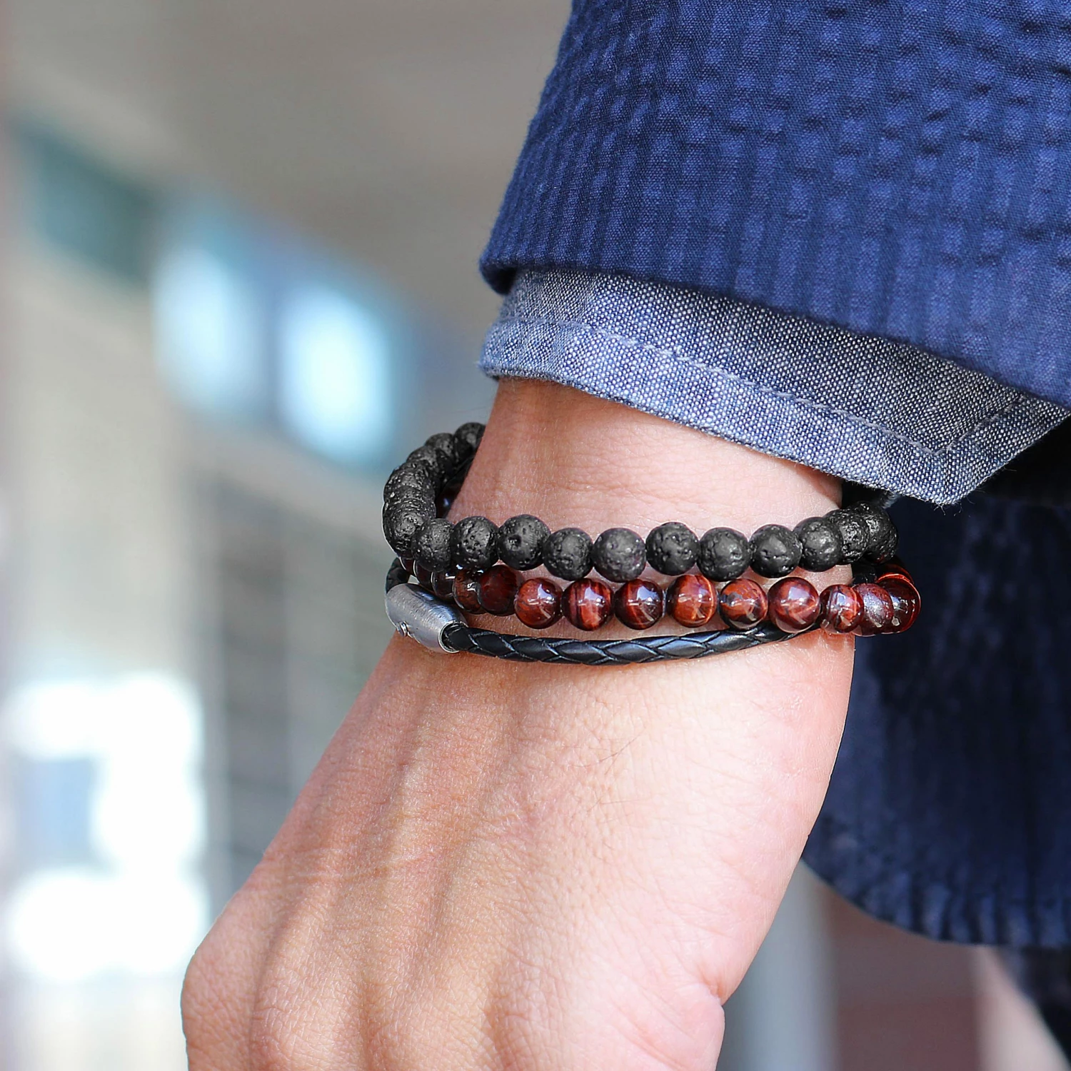 Lucleon Red Tiger's Eye & Black Lava Rock & Leather Cord Bracelet Set 4 Lucleon Red Tiger's Eye & Black Lava Rock & Leather Cord Bracelet Set - Image 4