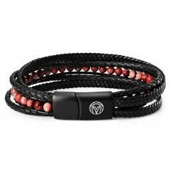 Lucleon Naxos | Black Braided Leather & Red Imperial Jasper Bracelet
