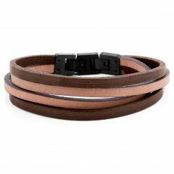 Lucleon Dark & Light Leather & Stainless Steel Double Wrap Bracelet