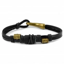 Fort Tempus Black Leather Strap & Gold-Tone Bead Bracelet