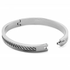 Lucleon Arie | Silver-Tone Stainless Steel Rope Texture Bangle Bracelet -MEN'S BRACELETS Sales Store 14 3 uze