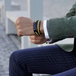 Lucleon Roy | Black & Yellow Leather & Stainless Steel Wrap Bracelet -MEN'S BRACELETS Sales Store 14447 square