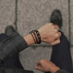 Lucleon Roy | Black & Brown Leather & Stainless Steel Wrap Bracelet -MEN'S BRACELETS Sales Store 14467 square 1
