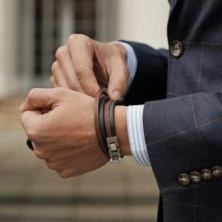 Lucleon Dark Leather & Stainless Steel Double Wrap Bracelet -MEN'S BRACELETS Sales Store 14479 square