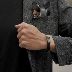 Lucleon Roy | Black & Dark Leather & Steel Single Strap Bracelet -MEN'S BRACELETS Sales Store 14495 sqaures