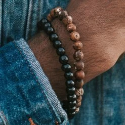 Lucleon Brown Agate & Black Wooden Bracelet Set -MEN'S BRACELETS Sales Store 14571bm