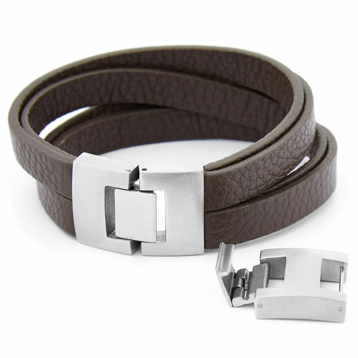 Fort Tempus Brown Leather Strip & Stainless Steel Bracelet 2 Fort Tempus Brown Leather Strip & Stainless Steel Bracelet - Image 2