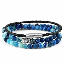 Neshraw Blue Agate & Leather Cord Bracelet Set