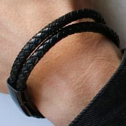 Fort Tempus Black Braided Leather Rope Double Bracelet -MEN'S BRACELETS Sales Store 15200bm