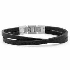 Lucleon Black Leather & Steel Single Strap Bracelet