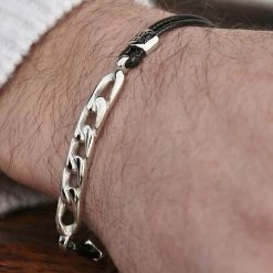 Lucleon Gravel | Silver-Tone Steel and Black Waxed Cotton Bracelet -MEN'S BRACELETS Sales Store 17850bm