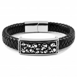 Fort Tempus Black Braided Leather Strap & Stainless Steel Skull Bracelet