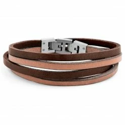 Lucleon Light Brown Leather & Stainless Steel Double Wrap Bracelet